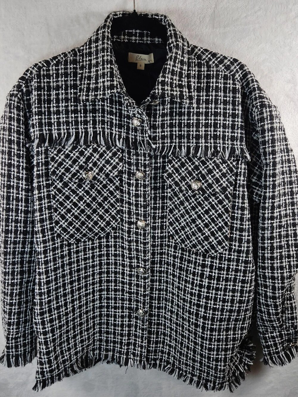 Elan Tweed Shacket Black White Plaid Fringe Women's Size Small Oversized